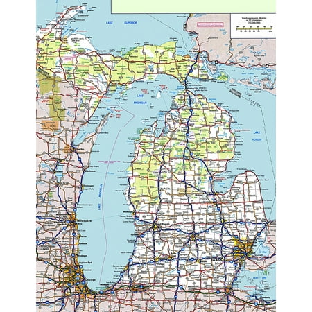 Iconic Arts Laminated 24x30 Poster: Michigan Road Map Michigan Map