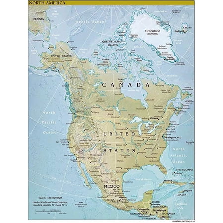 Iconic Arts Laminated 24x31 Poster: Large Detailed Relief and Political map of North America with The Capitals and Major Cities