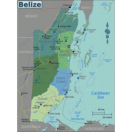Iconic Arts Laminated 24x32 Poster: Belize Regions map