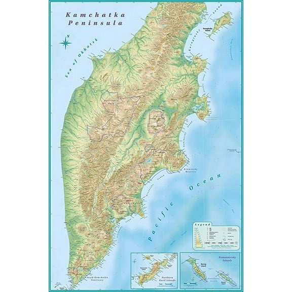 Iconic Arts Laminated 24x36 Poster: Kamchatka Peninsula map - Kamchatka Russia Mappery