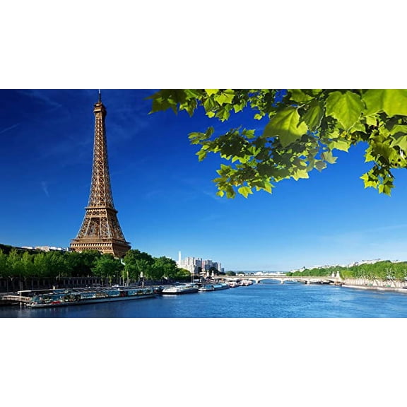 Iconic Arts Laminated 24x36 Poster: Paris Eiffel Tower on Side with Blue Sky Background and Green Leaves hd Travel HD