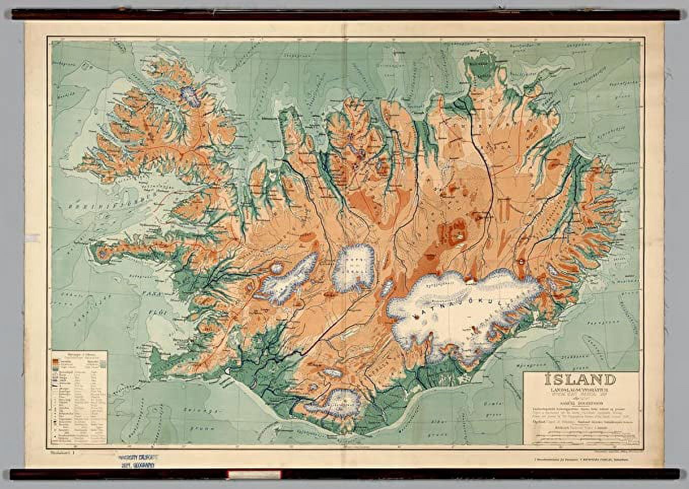 Iconic Arts Laminated 34x24 Poster: Physical Map of Iceland from 1928 ...