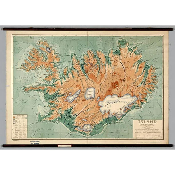 Iconic Arts Laminated 34x24 Poster: Physical Map of Iceland from 1928 ...