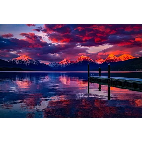 Iconic Arts Laminated 36x24 inches Poster: Lake Mcdonald Glacier National Park Montana Water Reflections Sky Clouds Destinations Landscape Scenic Nature Outdoors Vacation Holiday Tourism Country Rural
