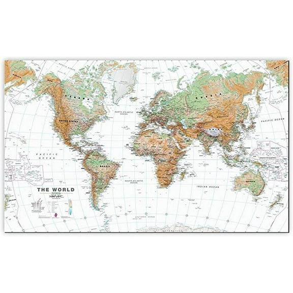 Iconic Arts Laminated 38x24 Poster: Physical Map - Large World Wall Map Physical White Ocean Canvas