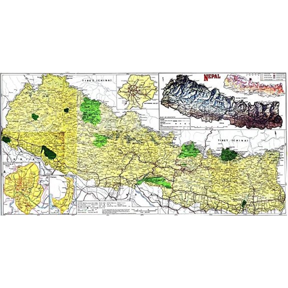 Iconic Arts Laminated 48x24 Poster: Large Detailed Road and Physical map of Nepal. Nepal Large Detailed Road and Physical map