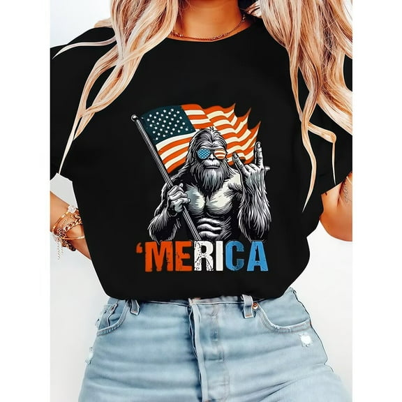 Iconic Bigfoot Figure Holding Flag Pattern for Womens & Mens Classic Tops Funny Graphic Tees Casual T-shirts popular InS-style pattern round neck is trendy Black,S