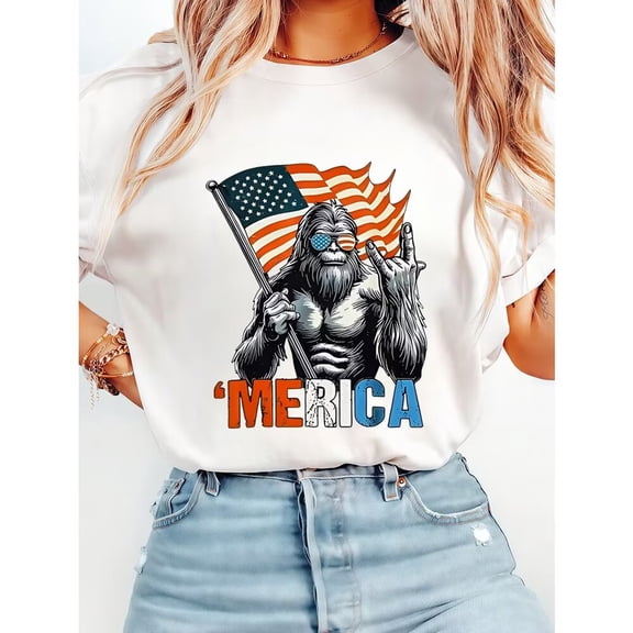 Iconic Bigfoot Figure Holding Flag Pattern for Womens & Mens Classy Cotton Graphic Tops Funny Graphic Tees Casual T-shirts White,5XL