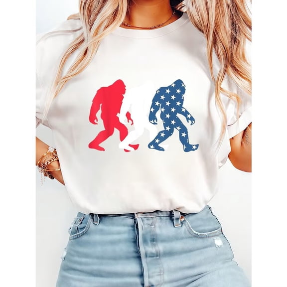 Iconic Bigfoot Silhouettes for a Stand Graphic s Patriotic Print T Shirts Short Sleeve Casual Cotton Pattern Daily Outfits popular round-neck retro Tops White,5XL