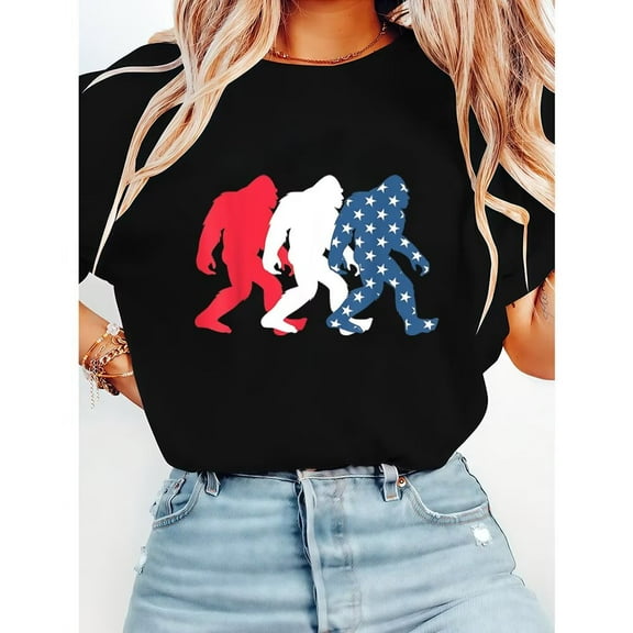 Iconic Bigfoot Silhouettes for a Stand Graphic s Patriotic Print T Shirts Short Sleeve Casual Cotton Pattern Tops for Daily Outfits Black,4XL