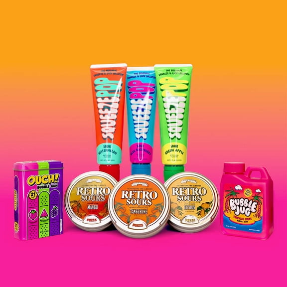 Iconic Candy  Best of 90s Nostalgia Variety Pack  Squeeze Pops, Retro Sours, Ouch! Gum & Bubble Jug  8-Piece Set