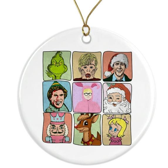 Iconic Christmas Characters Ceramic Ornament - Vintage Classic Christmas Movie Characters - 3 Inch Christmas Tree Round Ornament - Xmas Holiday Decor - String Included - ORNW0115
