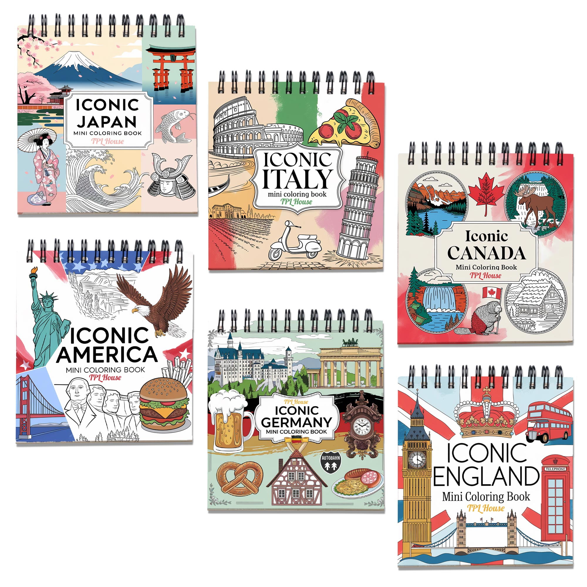 Iconic Countries Mini Coloring Book Spiral Bound for Adult, Pack 6, 3.5” x 3.5” Pocket Size, 40 Coloring Pages Stress & Anxiety Relief, Travel for Women Men