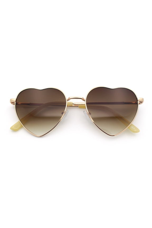 Iconic Cute Womens Heart Shape Simple Metal Rim Lolita Sunglasses Gold - Brown