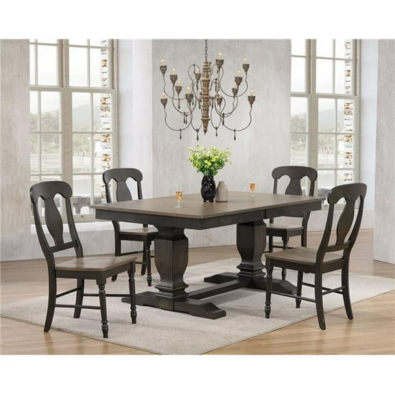 Iconic Furniture RT82-TR-CH53GRSBKS 5 42 x 64 x 82 in. Double Pedestal Transitional Antiqued Napoleon Back Chair Dining Set with Grey Stone & Black Stone Finish - 5 Piece