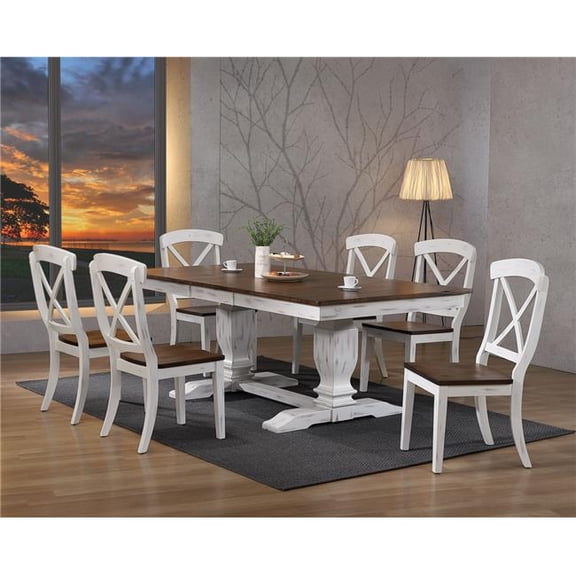 Iconic Furniture RT82-TR-CH60DBNDWT7 42 x 64 x 82 in. Double Pedestal Transitional X-Back Chair Dining Set with Distressed Cocoa Brown & Cotton White - 7 Piece