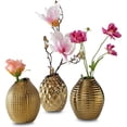 thumbnail image 1 of Iconic Golden Vases, Set of 3, 1 Faceted, 1 Ringed and 1 Diamond Pattern, Electroplated, Stoneware, Gourd Shaped, 5 Inches, 1 of 6