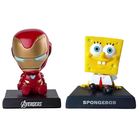 Iconic Keychains Super Hero Action Figure Limited Edition Bobblehead with Mobile Holder for Car Dashboard, Office Desk & Study Table |IR-ON-MAN_ SPONGE-BOB|