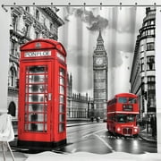 Iconic London Scene Shower Curtain Red Telephone Box Big Ben & Double Decker Bus Vibrant Colors Transform Your Bathroom