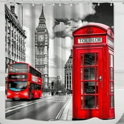 Iconic London Scene Shower Curtain Vintage Telephone Box & Double Decker Bus Design Monochrome & Pop of Red Bathroom Decor MustHave
