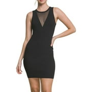 Iconic Luxe Women's Y2K Sleeveless Sexy Bodycon Mini Dress V-Neck Mesh Detail Black Large