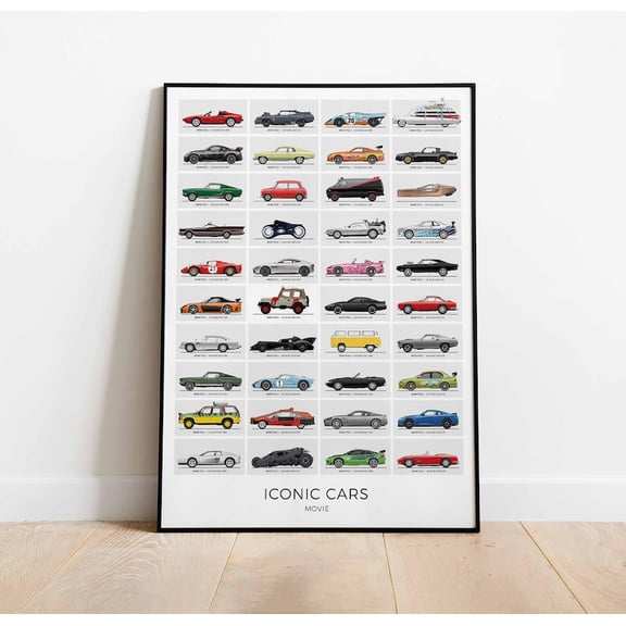 Iconic Movie Cars Poster: Film Decor, Nursery & Kids Room Art 8x12 UNFRAMED