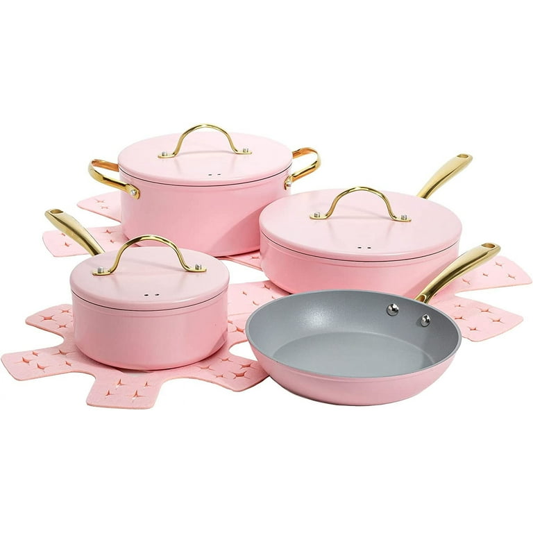 Iconic Nonstick Pots and Pans Set Multi-layer Nonstick Coating Matching Lids  with Gold Handles Made without PFOA Dishwasher Safe Cookware Set 10-Piece  Pink 