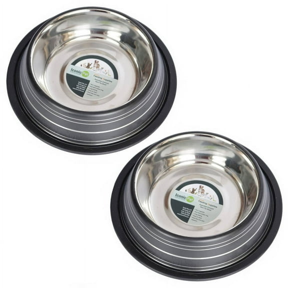 Iconic Pet 2-Pack Color Splash Stripe Non-Skid Pet Bowl, For Dog or Cat, Black, 8 Oz, 1 Cup