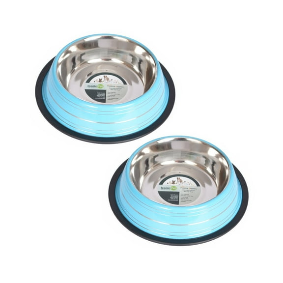 Iconic Pet 2-Pack Color Splash Stripe Non-Skid Pet Bowl, For Dog or Cat, Blue, 32 Oz, 4 Cup