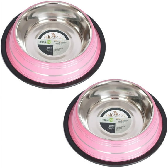 Iconic Pet 2-Pack Color Splash Stripe Non-Skid Pet Bowl, For Dog or Cat, Pink, 32 Oz, 4 Cup