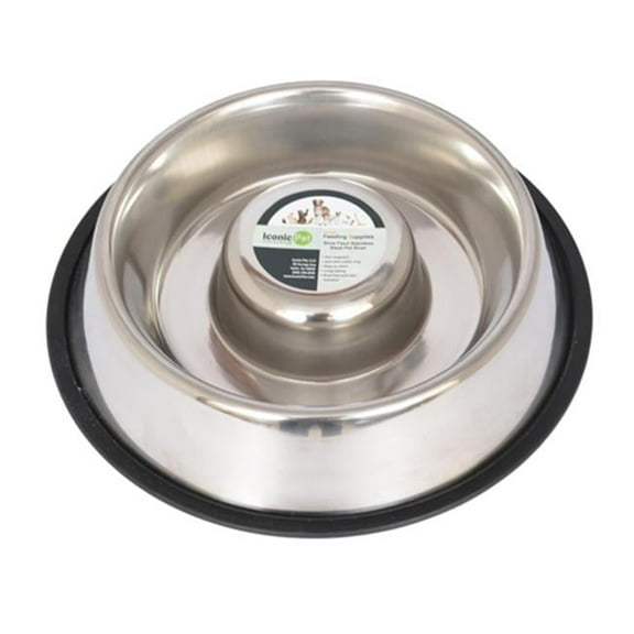 Iconic Pet  48 oz Slow Feed Stainless Steel Pet Bowl for Dog or Cat - Large