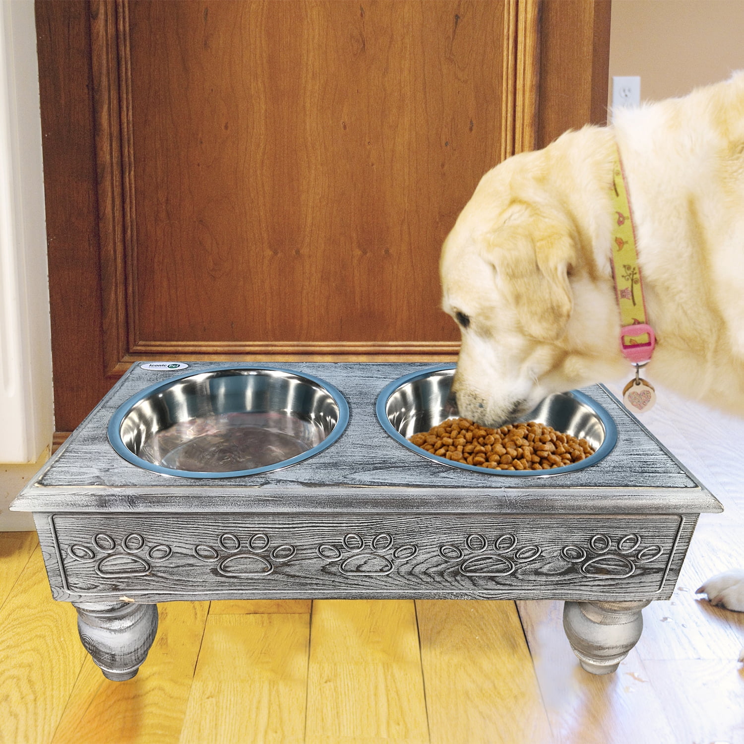 Iconic Pet Raised Wooden Pet Double Diner with Stainless Steel Bowls - Antique Gray - Medium