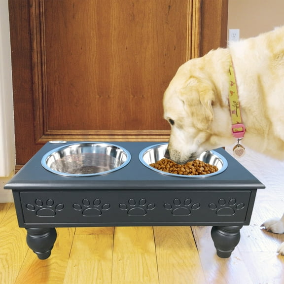 Iconic Pet Raised Wooden Pet Double Diner with Stainless Steel Bowls - Charcoal Gray - Medium
