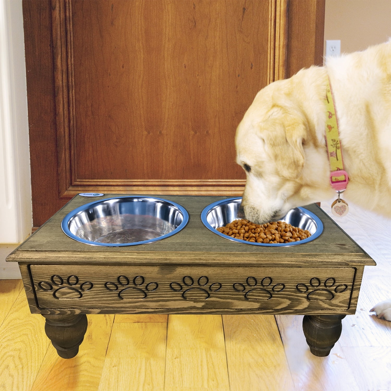 Iconic Pet  Raised Wooden Pet Double Diner with Stainless Steel Bowls - Rustic Brown - Medium