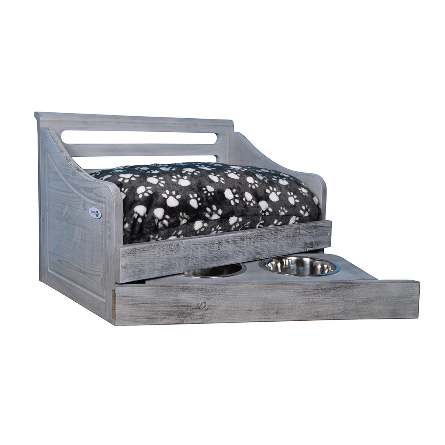 Iconic Pet Sassy Paws Multipurpose Wooden Pet Bed with Feeder for Dogs &  Cats - Antique Gray - Medium