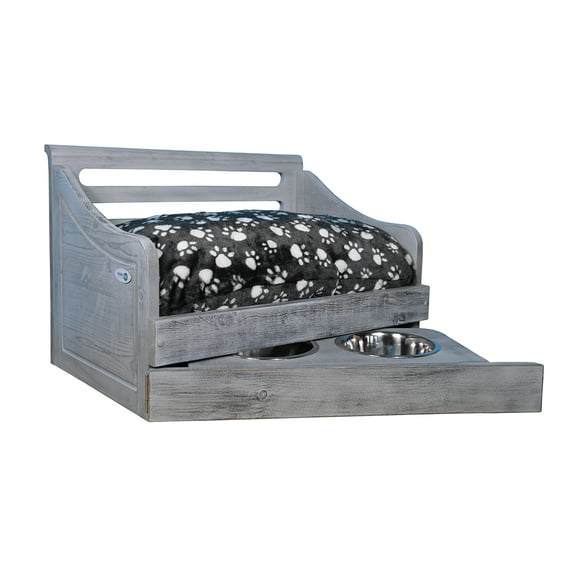 Iconic Pet Sassy Paws Multipurpose Wooden Pet Bed with Feeder for Dogs & Cats - Antique Gray - Medium