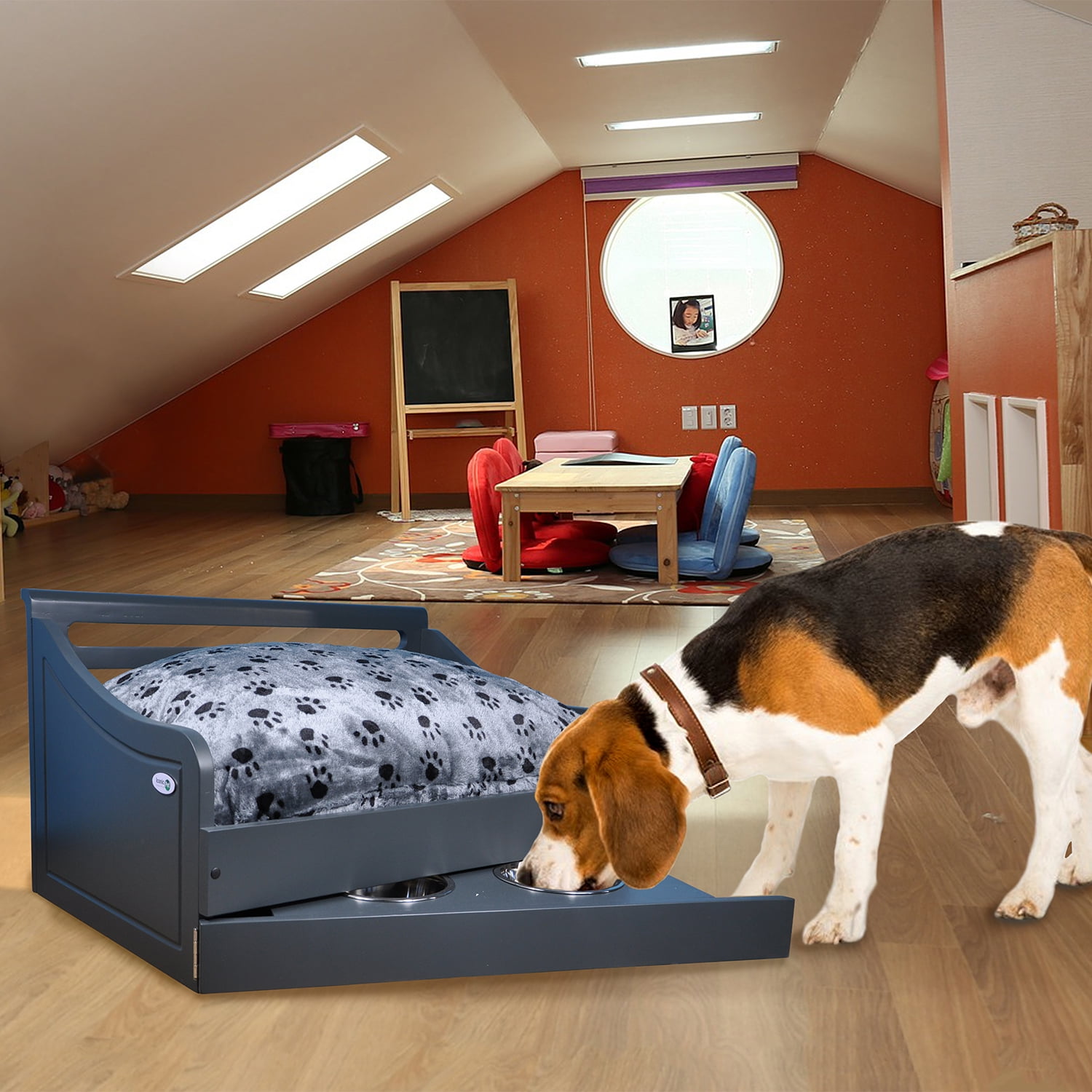 Medium Charcoal Gray Pine Wood Pet Bed with Feeder