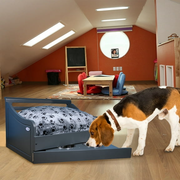 Iconic Pet Sassy Paws Multipurpose Wooden Pet Bed with Feeder for Dogs & Cats - Charcoal Gray - Small