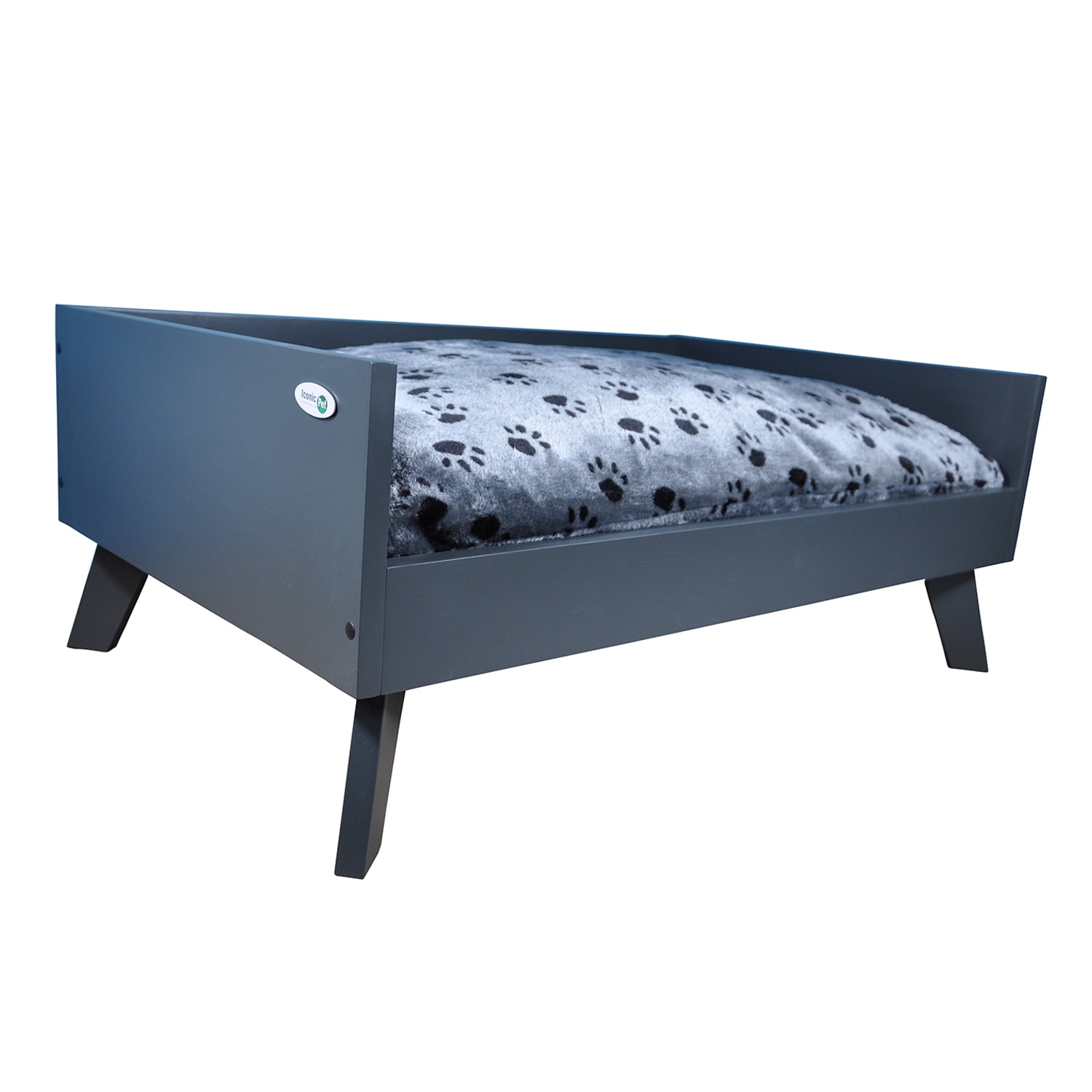 Iconic Pet Sassy Paws Raised Wooden Pet Bed with Removable Cushion for Dogs & Cats - Charcoal Gray - Large