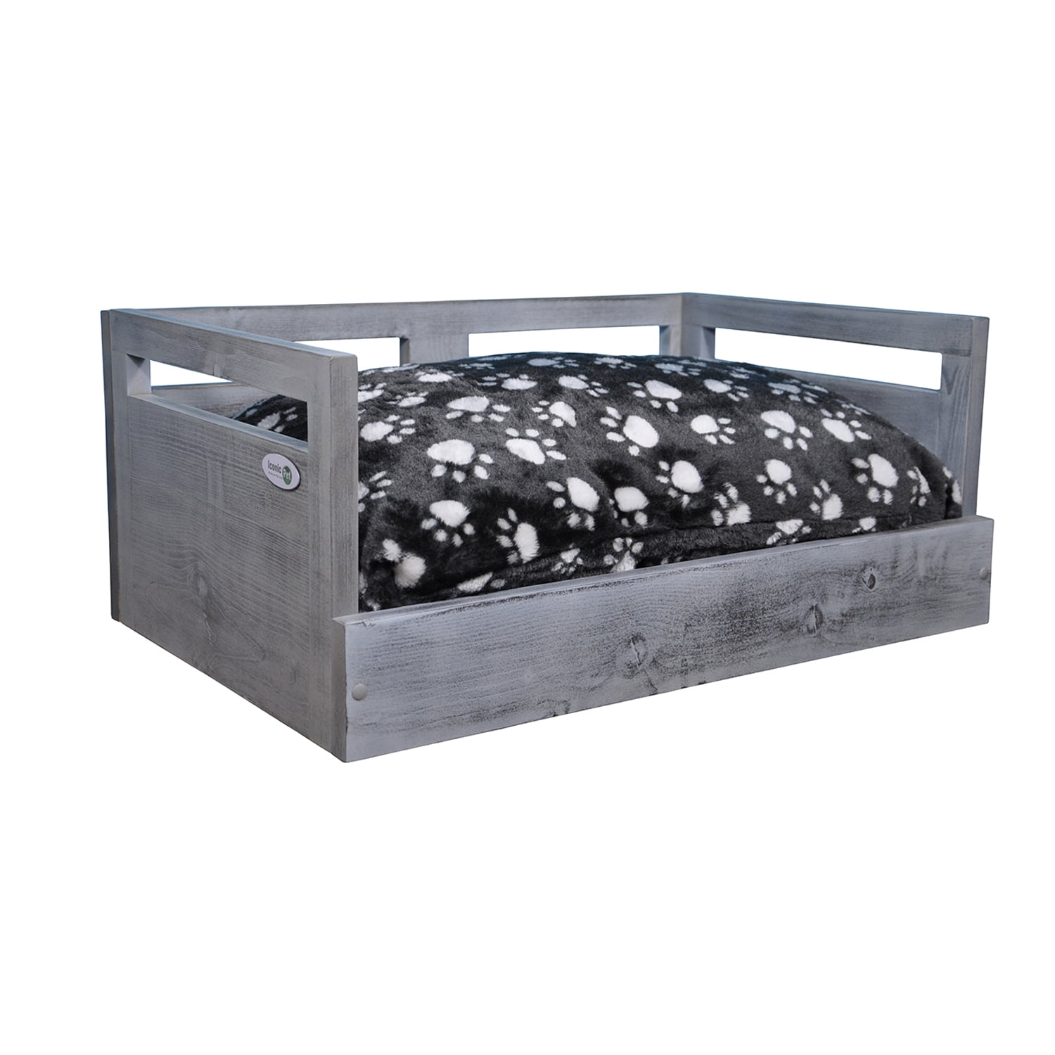Iconic Pet Sassy Paws Wooden Pet Bed with Paw Printed Comfy Cushion for ...