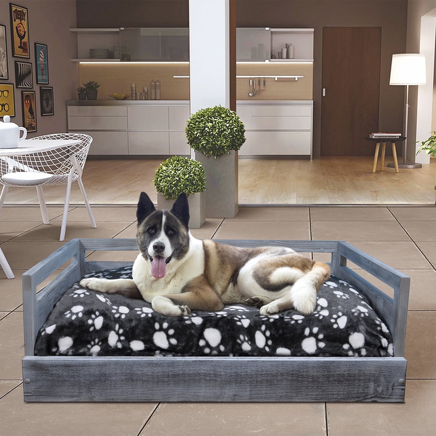 Medium Antique Gray Pine Wood Pet Sofa with Removable Cushion