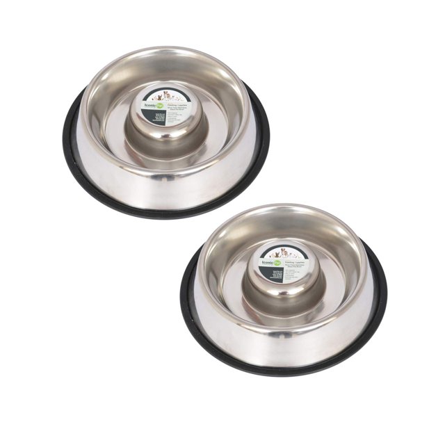 Iconic Pet Set of 2 Stainless Steel NonSkid Slow Feed Bowls for Medium