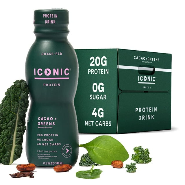 Iconic Protein Drinks, Cacao + Greens (12 Pack) Sugarfree Protein
