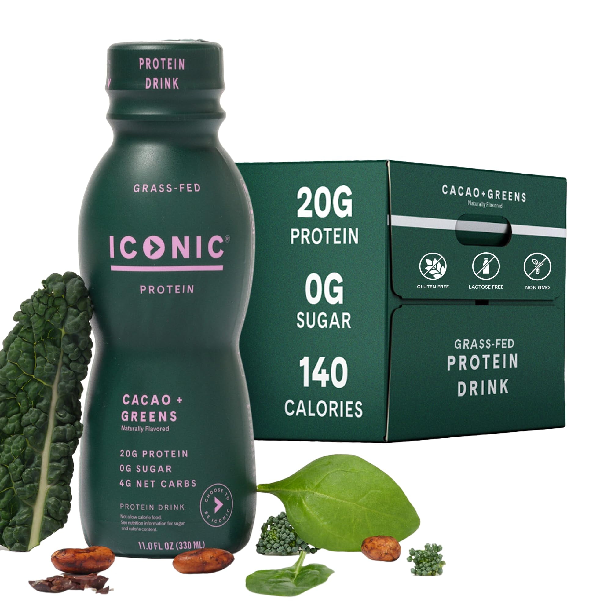 Iconic Protein Drinks, Cacao YPF5 + Greens (12 Pack) Sugarfree