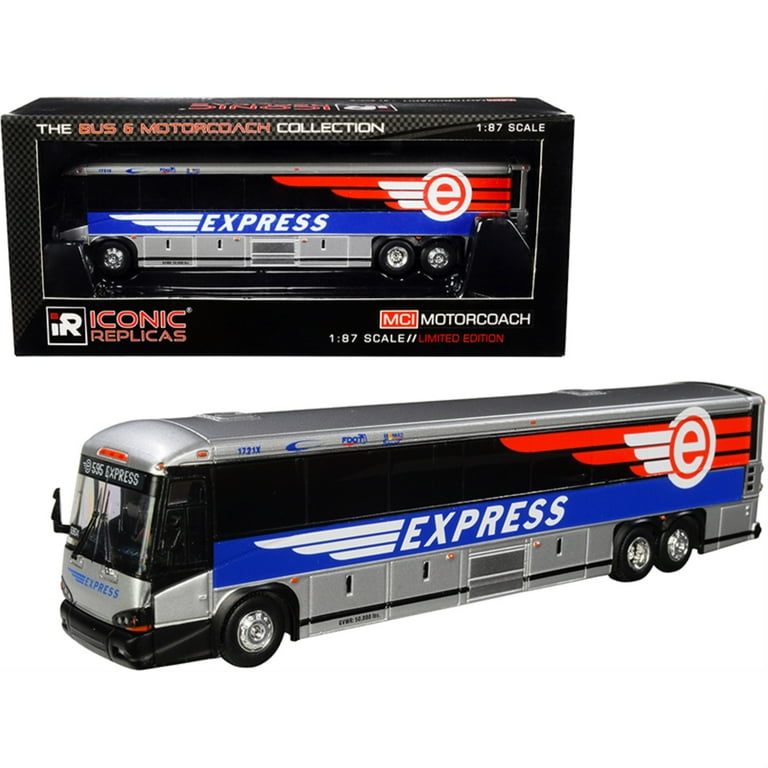 Iconic Replicas 1 18 Scale MCI D4505 Motorcoach Diecast Model Bus with Stripes Silver Blue Walmart