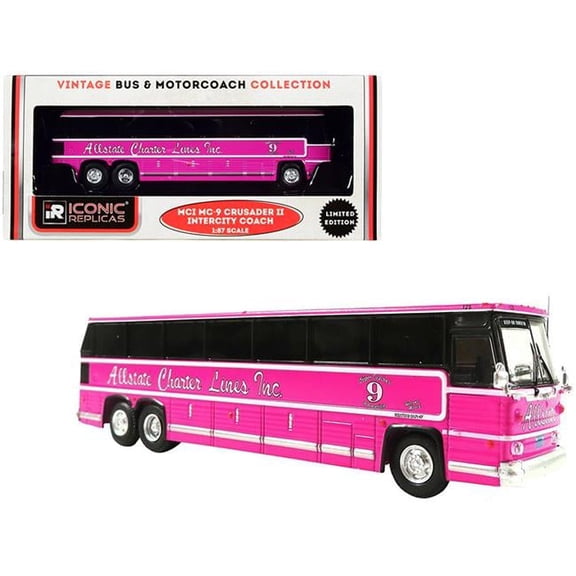 Iconic Replicas  5.5 in. Intercity Coach Bus Pink Allstate Charter Lines Vintage Bus & Motorcoach Collection 1 by 87 HO Diecast Model Car for 1980 MCI MC-9 Crusader II