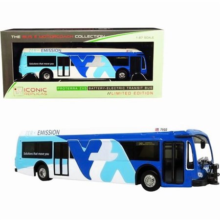 Iconic Replicas 87-0311 1-87 Scale No 140 Proterra Zx5 Express Mission College Santa Clara Valley Battery Electric Transit Bus Model, White & Blue