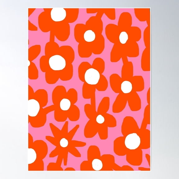 Iconic Retro Scandinavian Summer Flowers In Hot Pink And Orange Poster Wall Art, Modern Wall Decor For Living Room Bedroom, 24x36 UNFRAMED