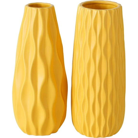 Iconic Scandi Ripple Vases, Set of 2, Bold Pop Yellow, Smooth Glazed, Ceramic Stoneware, Contemporary Table Decor, 9.5 Inches Tall