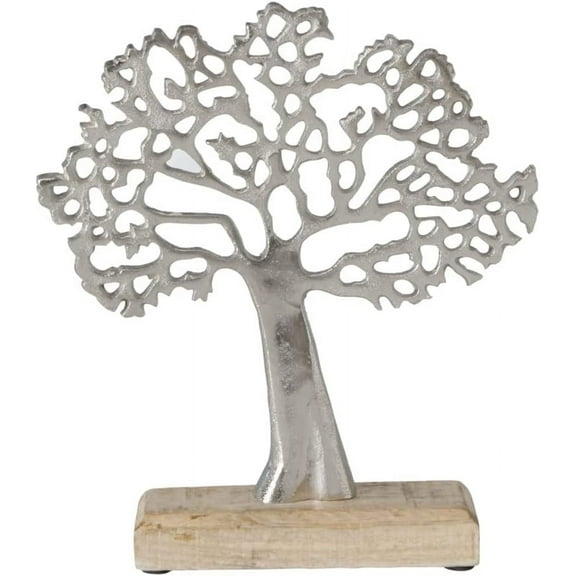 Iconic Tree of Life Table Top Figurine, Made by Hand, Silver Aluminum, Mango Wood Base, 9.75 Inches